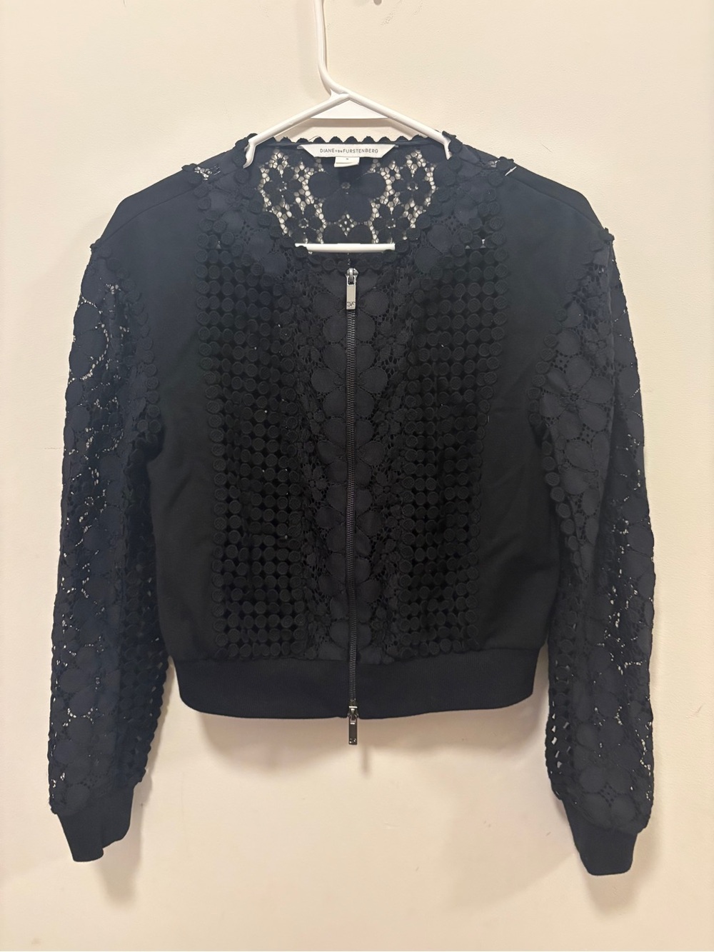 Diane Von Furstenberg Black Lace Bomber Jacket